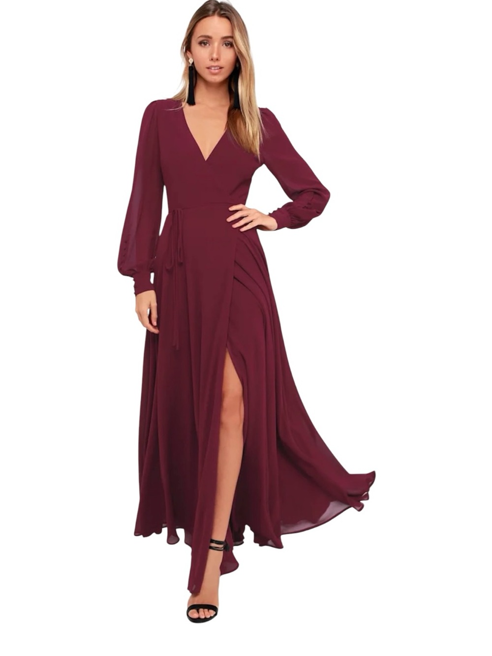 Lulus My Whole Heart Wrap Maxi Dress Womens Large Burgundy Chiffon Surplice Neck